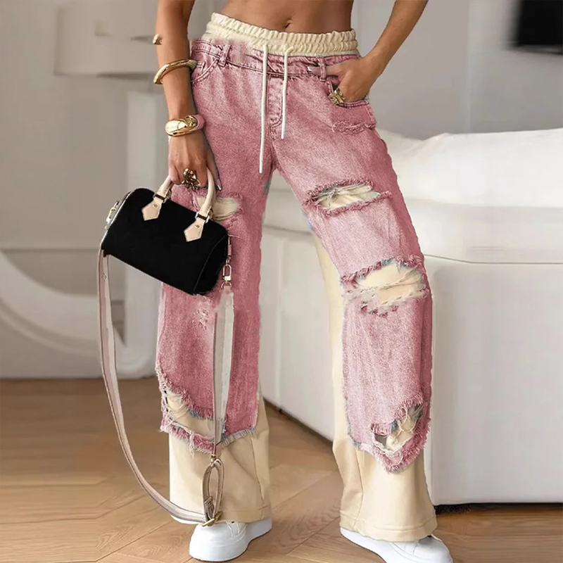 Ellen spodnie jeansowe z szerokimi nogawkami i elastyczną lamówką w stylu Patchwork